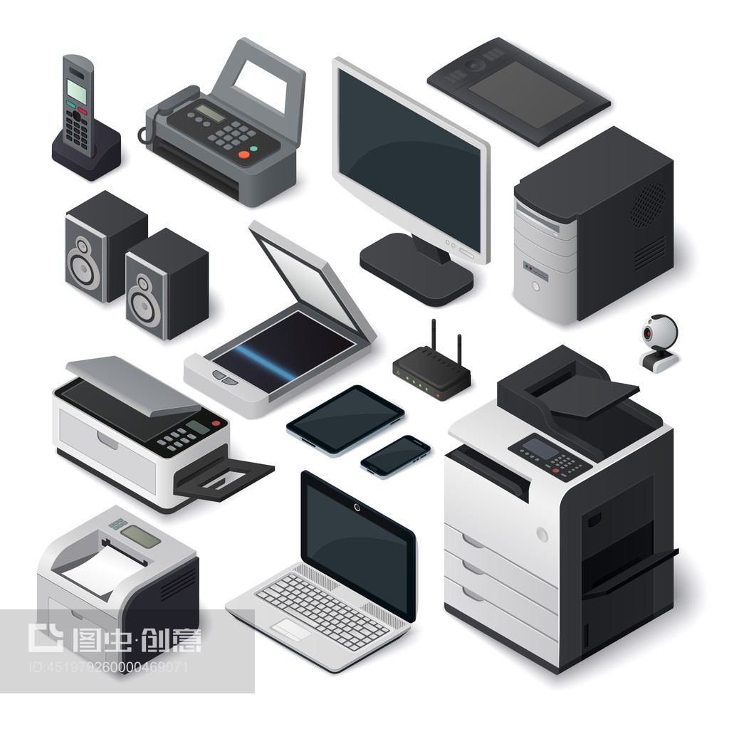 等效办公设备矢量集。Isometric office equipment vector set.